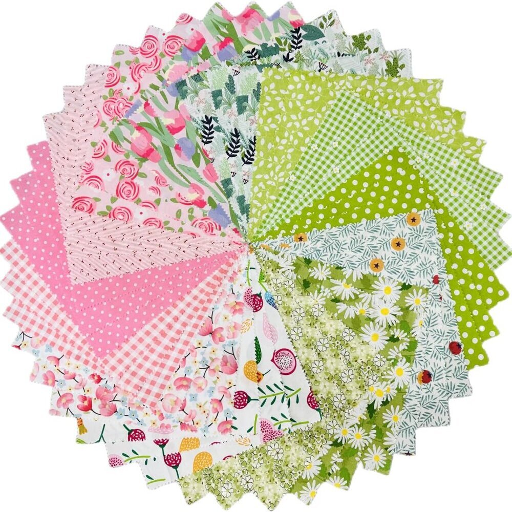 Spring Floral Layer Cake Fabric Bundle - 42 Precut Cotton Squares 10x10 in Green